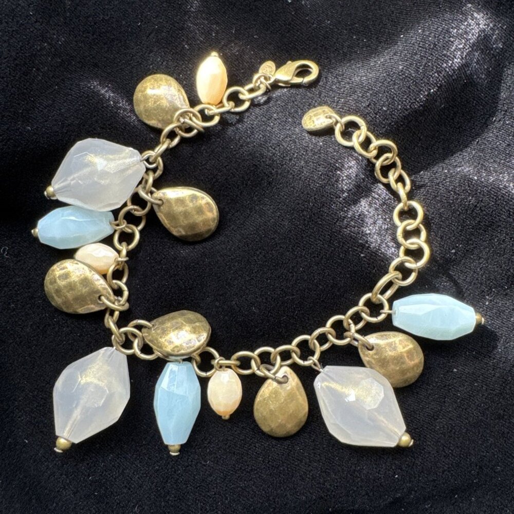 Premier Designs Beaded Charm Bracelet Blue Cream Dark Goldtone 8.5" NEW